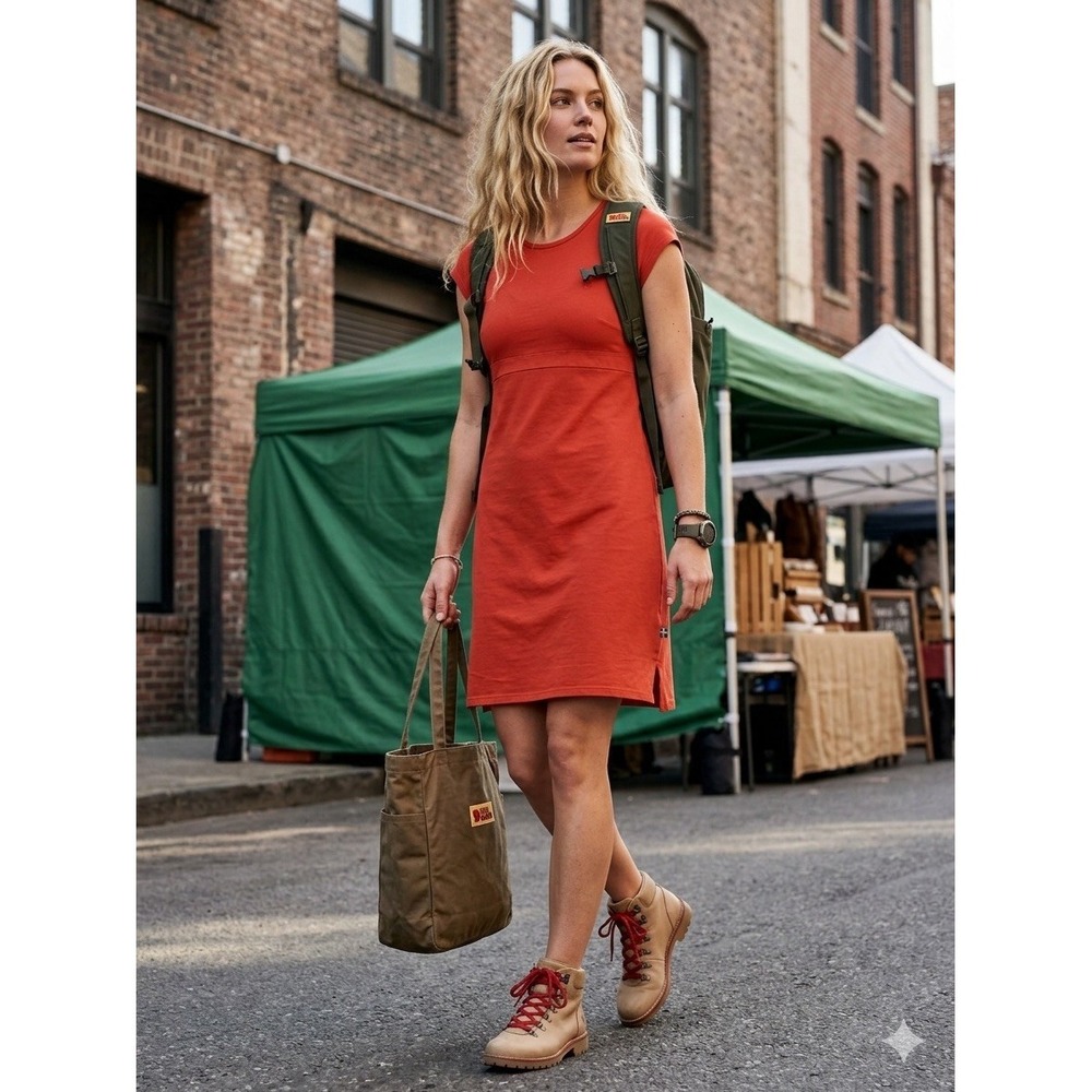 Fjallraven High Coast Dress Orange Red Cotton Stretch Short Sleeve Size XS